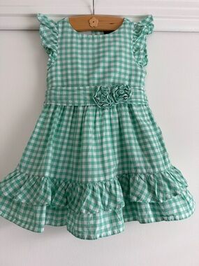 Chaps Toddler Girls 18M Green Gingham Dress Ruffle Hem Floral Detail